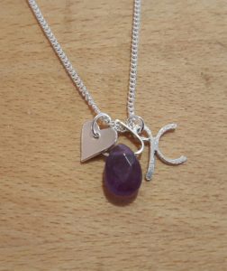 Amethyst, heart and ‘K’ charm pendant