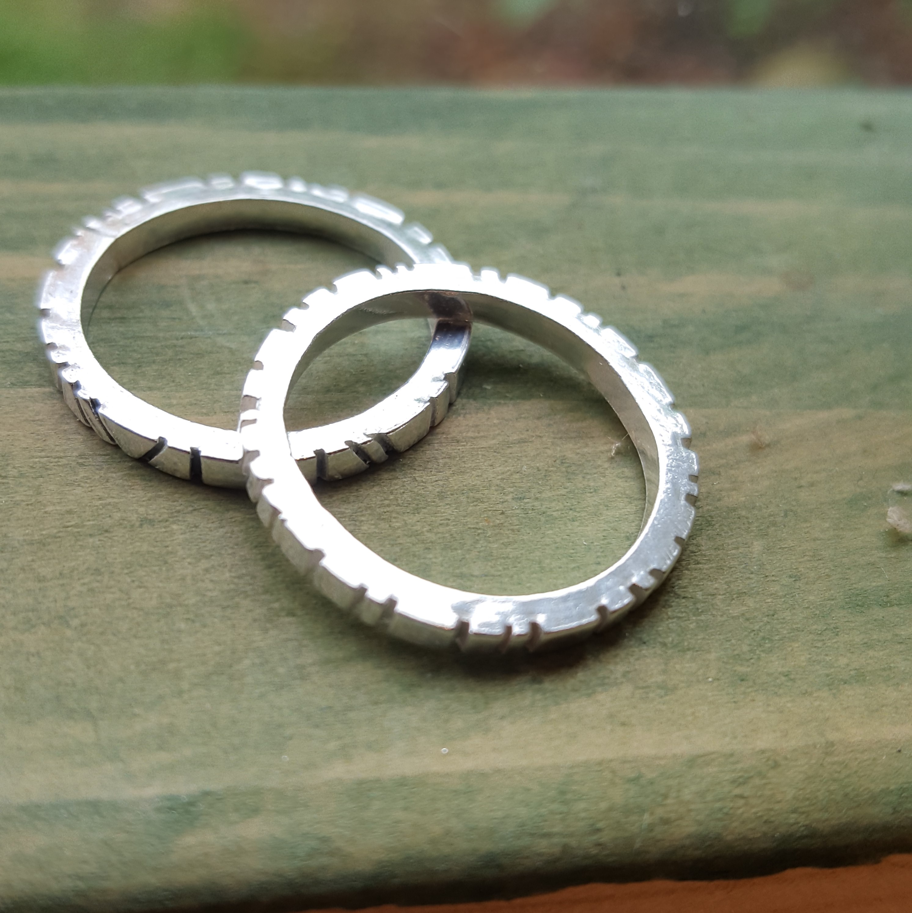 Handmade silver cog design rings