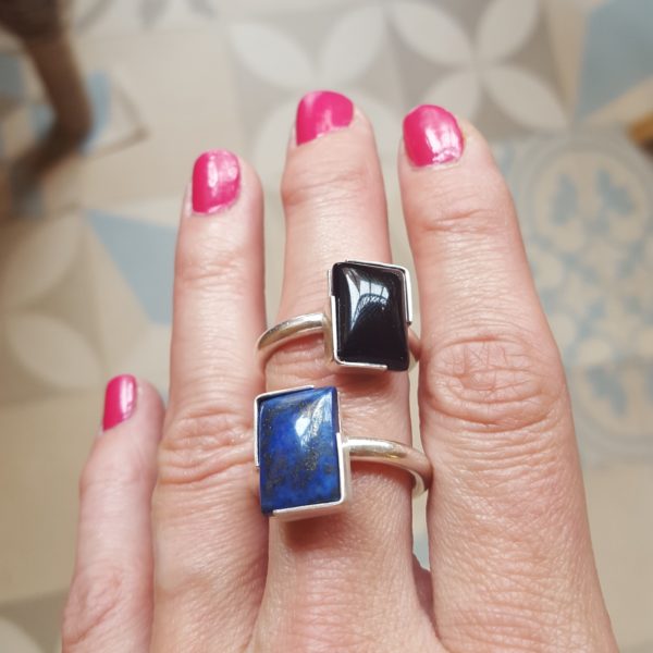 Silver lapis lazuli and black onyx statement rings