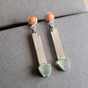 Coral and sea glass art deco style drop earrings