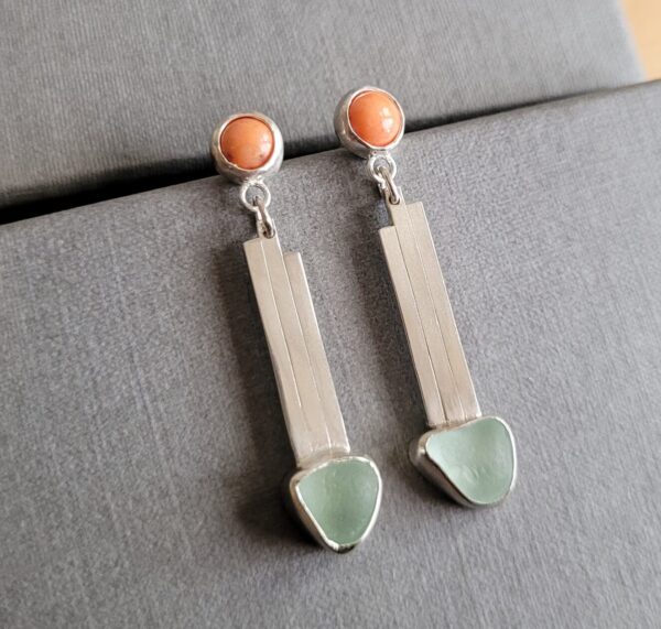 Coral and sea glass art deco style drop earrings