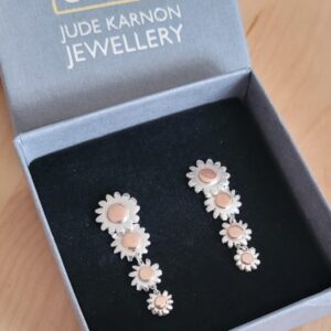 silver and rose gold flower drop earrings