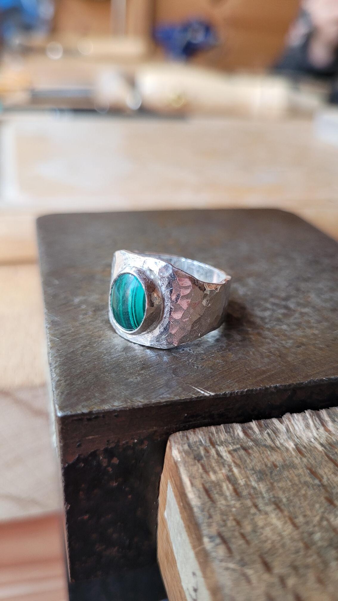 Signet ring set with a malachite cabochon made in my gem setting workshop.