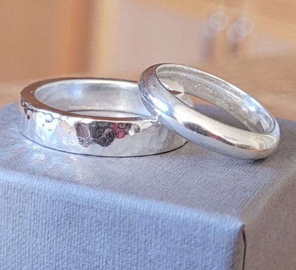 Silver wedding rings made at a wedding ring workshop.