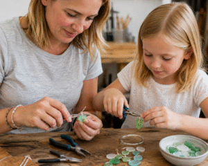 Seaglass wire wrapped pendants workshop for adults and children.